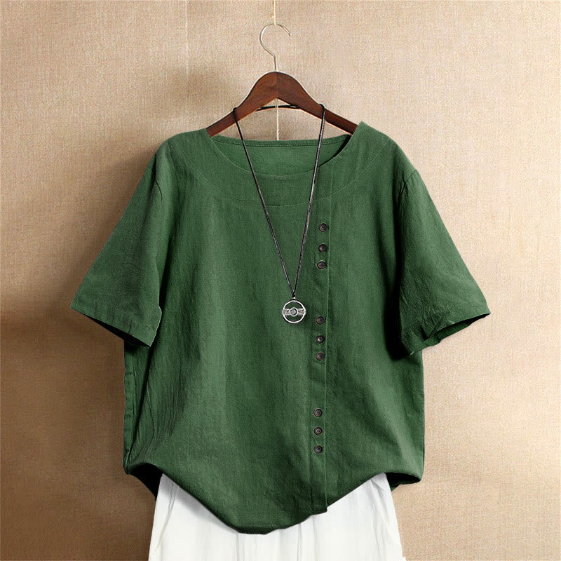 Camiseta de manga corta para mujer con cuello redondo y botones, de color liso, con estampado de Buddha Stones, estilo casual de verano. - Verde - US18, UK/AU22, EU50 (5XL) - image 5