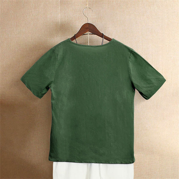 Camiseta de manga corta para mujer con cuello redondo y botones, de color liso, con estampado de Buddha Stones, estilo casual de verano. - image 6