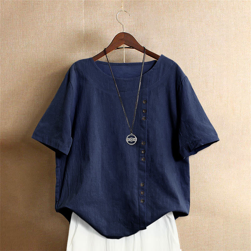 Camiseta de manga corta para mujer con cuello redondo y botones, de color liso, con estampado de Buddha Stones, estilo casual de verano. - Marina de guerra - US18, UK/AU22, EU50 (5XL) - image 10