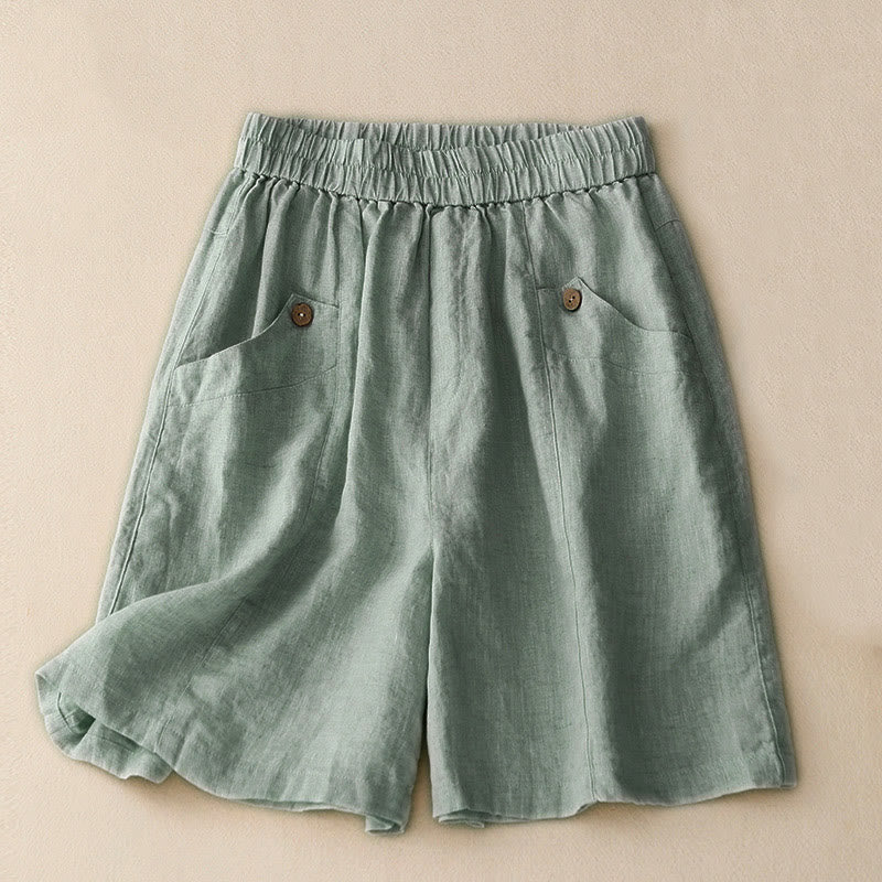 Pantalones cortos de algodón lisos con botones y bolsillos para mujer, estilo casual de verano, con Buddha Stones - Azul polvoriento - US8-10，UK/AU12-14，EU40-42 (2XL) - image 0