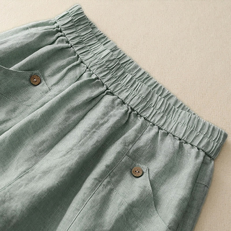 Pantalones cortos de algodón lisos con botones y bolsillos para mujer, estilo casual de verano, con Buddha Stones - image 3