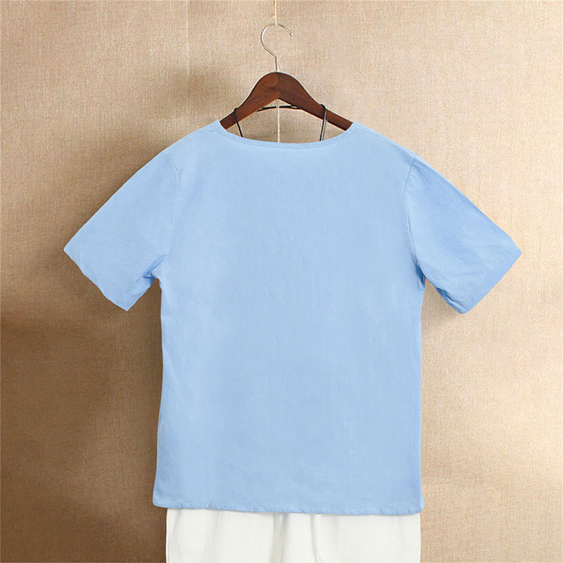 Camiseta de manga corta para mujer con cuello redondo y botones, de color liso, con estampado de Buddha Stones, estilo casual de verano. - image 16
