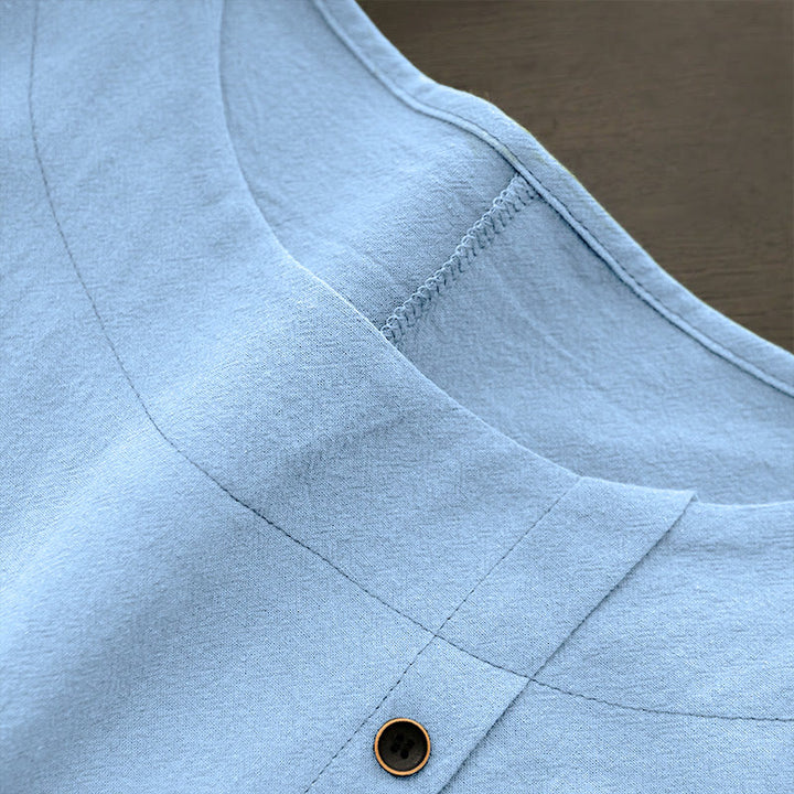 Camiseta de manga corta para mujer con cuello redondo y botones, de color liso, con estampado de Buddha Stones, estilo casual de verano. - image 17