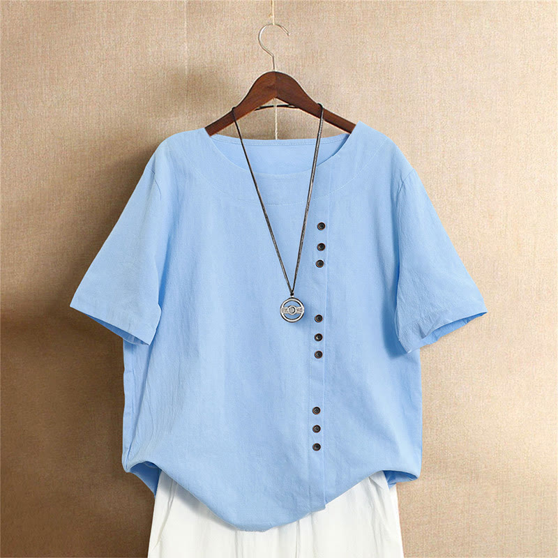 Camiseta de manga corta para mujer con cuello redondo y botones, de color liso, con estampado de Buddha Stones, estilo casual de verano. - Azul cielo claro - US18, UK/AU22, EU50 (5XL) - image 15