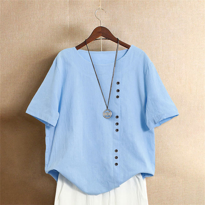 Camiseta de manga corta para mujer con cuello redondo y botones, de color liso, con estampado de Buddha Stones, estilo casual de verano. - Azul cielo claro - US18, UK/AU22, EU50 (5XL) - image 15