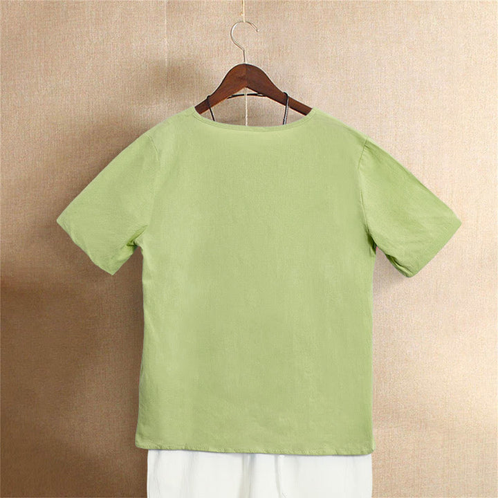 Camiseta de manga corta para mujer con cuello redondo y botones, de color liso, con estampado de Buddha Stones, estilo casual de verano. - image 21