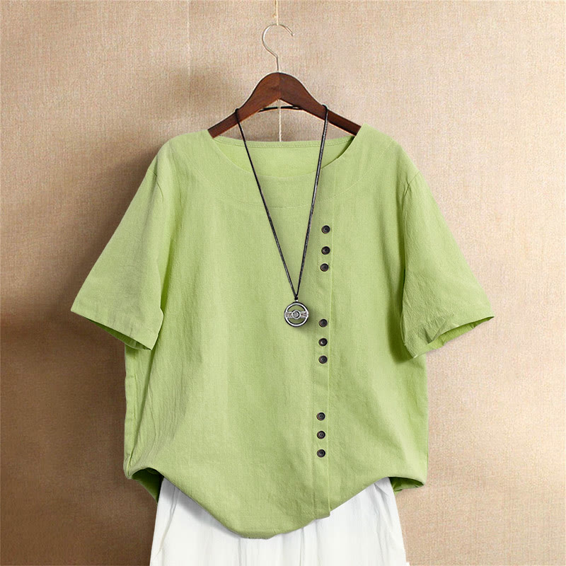 Camiseta de manga corta para mujer con cuello redondo y botones, de color liso, con estampado de Buddha Stones, estilo casual de verano. - Verde claro - US18, UK/AU22, EU50 (5XL) - image 20