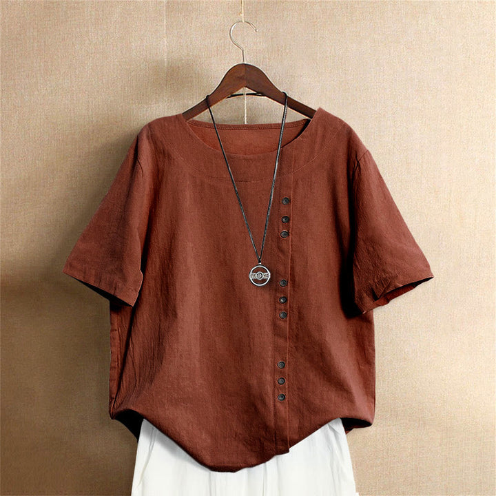 Camiseta de manga corta para mujer con cuello redondo y botones, de color liso, con estampado de Buddha Stones, estilo casual de verano. - Tierra de siena - US18, UK/AU22, EU50 (5XL) - image 25