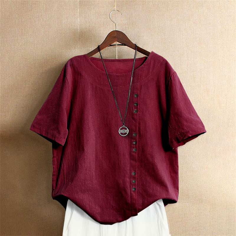 Camiseta de manga corta para mujer con cuello redondo y botones, de color liso, con estampado de Buddha Stones, estilo casual de verano. - Ladrillo refractario - US18, UK/AU22, EU50 (5XL) - image 30