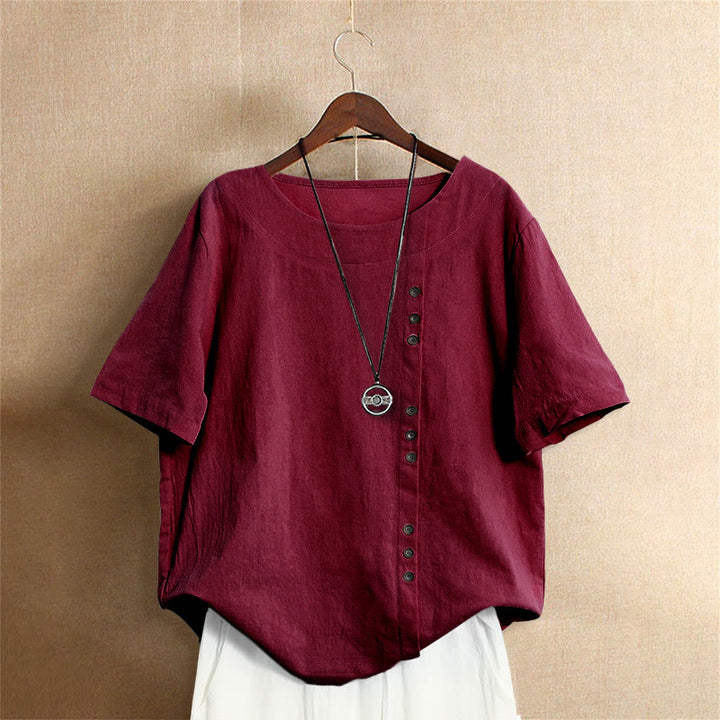 Camiseta de manga corta para mujer con cuello redondo y botones, de color liso, con estampado de Buddha Stones, estilo casual de verano. - Ladrillo refractario - US18, UK/AU22, EU50 (5XL) - image 30