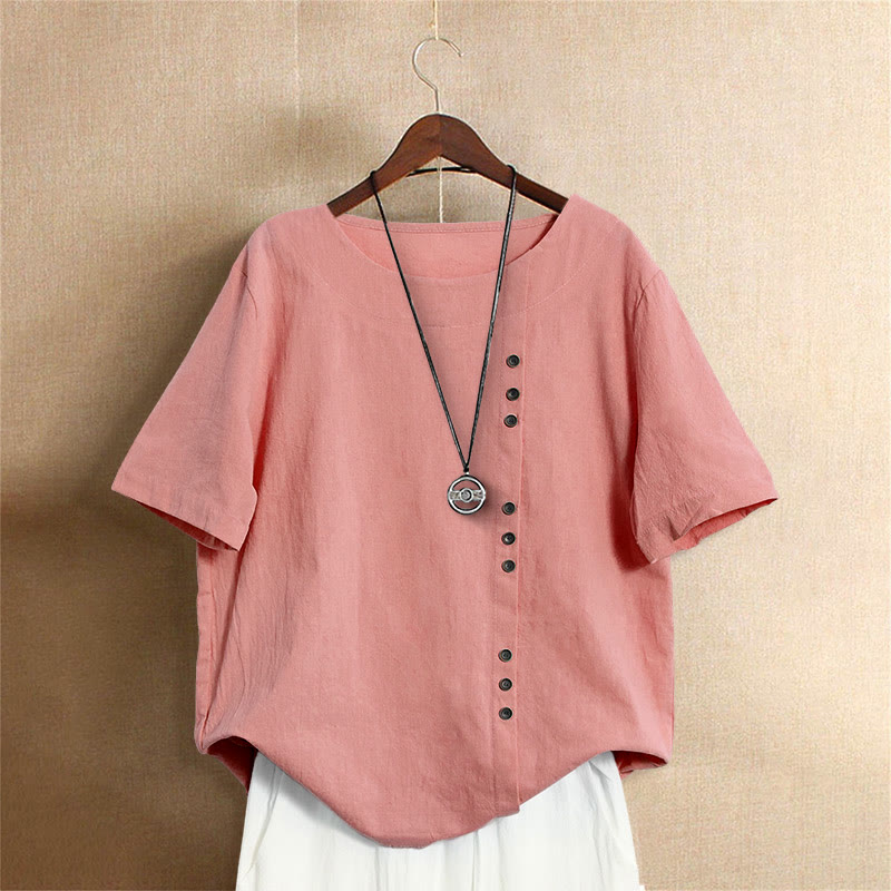 Camiseta de manga corta para mujer con cuello redondo y botones, de color liso, con estampado de Buddha Stones, estilo casual de verano. - Salmón - US18, UK/AU22, EU50 (5XL) - image 35