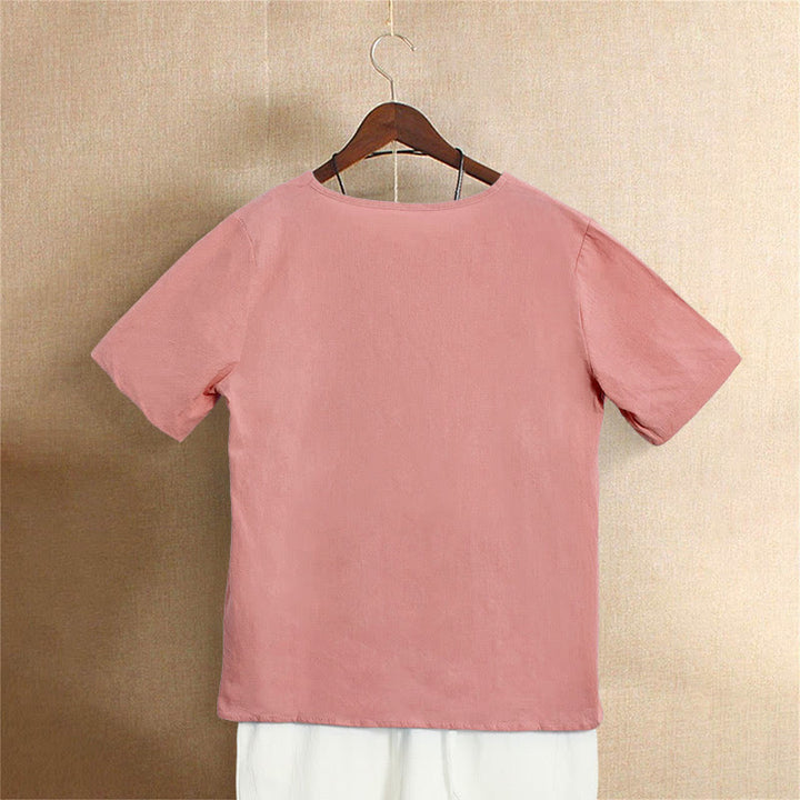 Camiseta de manga corta para mujer con cuello redondo y botones, de color liso, con estampado de Buddha Stones, estilo casual de verano. - image 36