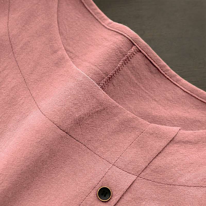 Camiseta de manga corta para mujer con cuello redondo y botones, de color liso, con estampado de Buddha Stones, estilo casual de verano. - image 37