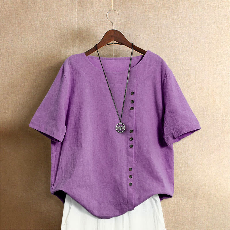 Camiseta de manga corta para mujer con cuello redondo y botones, de color liso, con estampado de Buddha Stones, estilo casual de verano. - Orquídea mediana - US18, UK/AU22, EU50 (5XL) - image 40