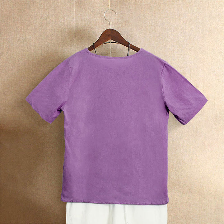Camiseta de manga corta para mujer con cuello redondo y botones, de color liso, con estampado de Buddha Stones, estilo casual de verano. - image 41
