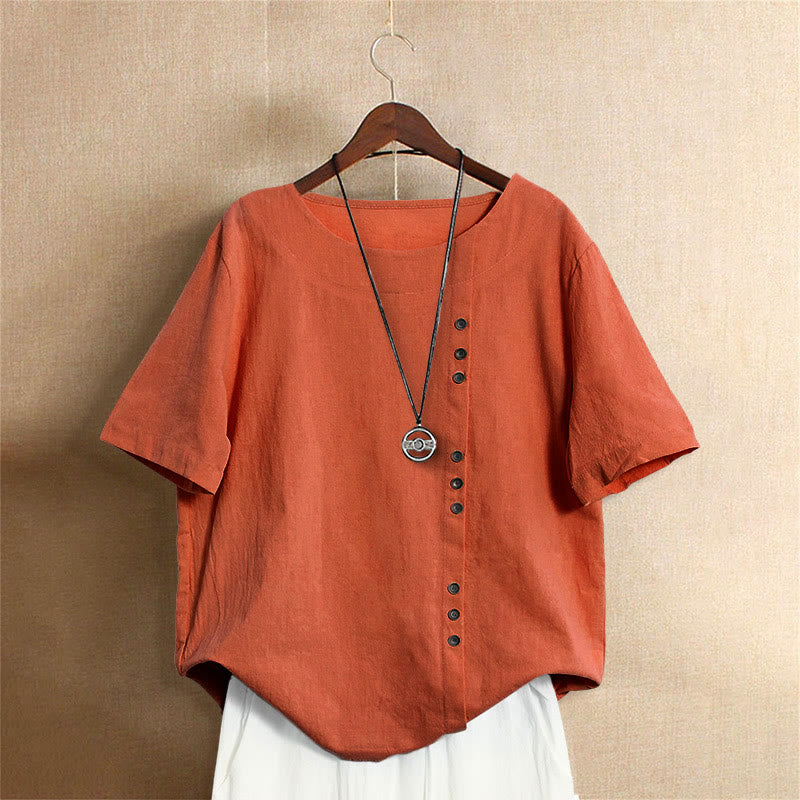 Camiseta de manga corta para mujer con cuello redondo y botones, de color liso, con estampado de Buddha Stones, estilo casual de verano. - Rojo anaranjado - US18, UK/AU22, EU50 (5XL) - image 45