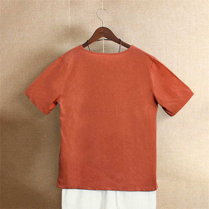 Camiseta de manga corta para mujer con cuello redondo y botones, de color liso, con estampado de Buddha Stones, estilo casual de verano. - image 46