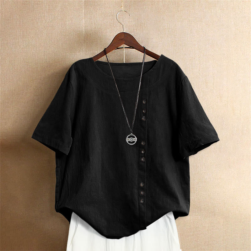 Camiseta de manga corta para mujer con cuello redondo y botones, de color liso, con estampado de Buddha Stones, estilo casual de verano. - Negro - US18, UK/AU22, EU50 (5XL) - image 50