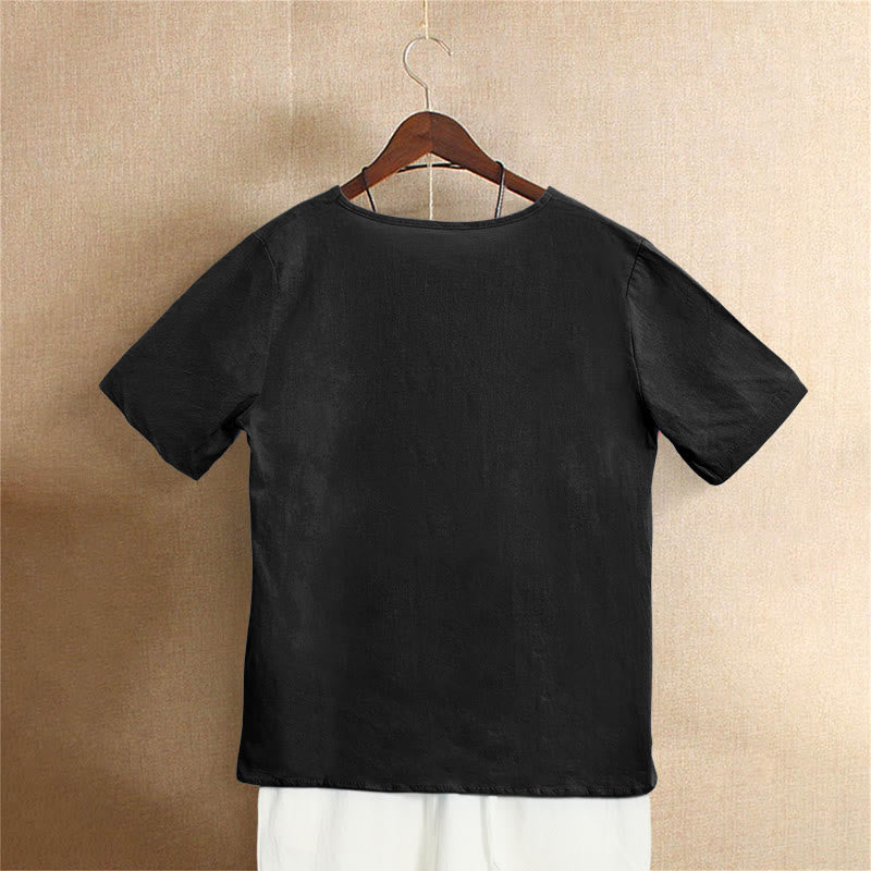Camiseta de manga corta para mujer con cuello redondo y botones, de color liso, con estampado de Buddha Stones, estilo casual de verano. - image 51
