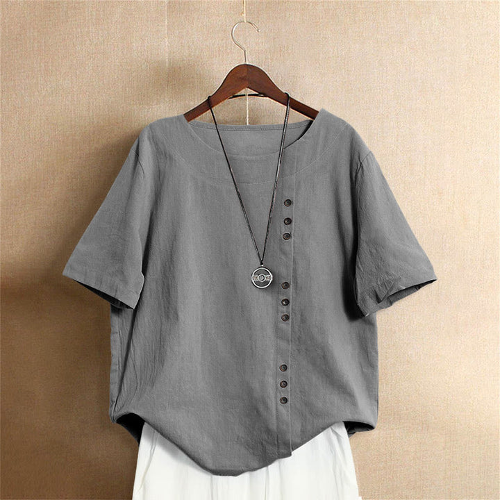 Camiseta de manga corta para mujer con cuello redondo y botones, de color liso, con estampado de Buddha Stones, estilo casual de verano. - Gris - US18, UK/AU22, EU50 (5XL) - image 55