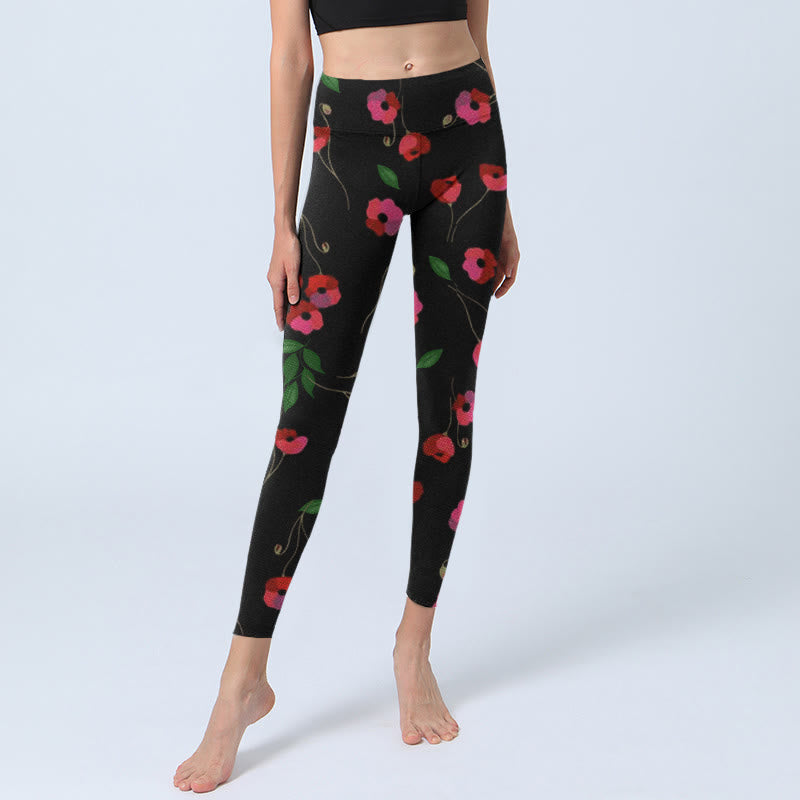 Leggings de yoga para mujer con estampado de hojas verdes y flores rojas vibrantes de Buddha Stones - image 5