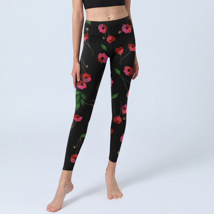 Leggings de yoga para mujer con estampado de hojas verdes y flores rojas vibrantes de Buddha Stones - image 5