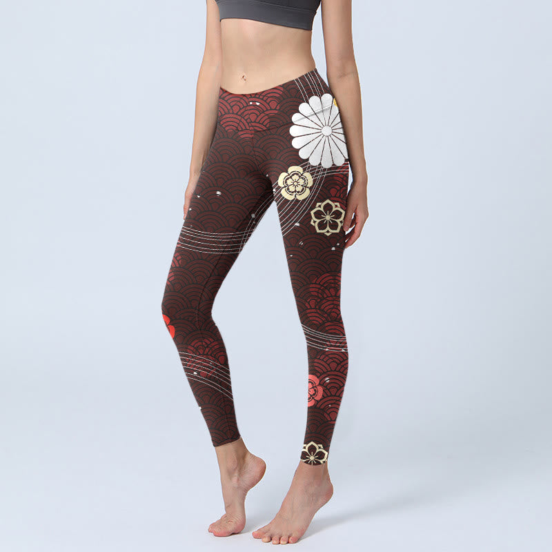 Leggings de yoga para mujer con estampado floral en abanico y ondas de Buddha Stones en marrón rojizo - SaddleBrown - US18，UK/AU22，EU50 (4XL) - image 1