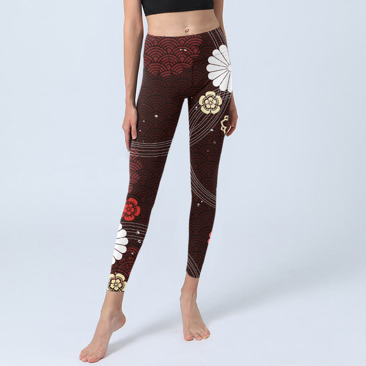 Leggings de yoga para mujer con estampado floral en abanico y ondas de Buddha Stones en marrón rojizo - image 5