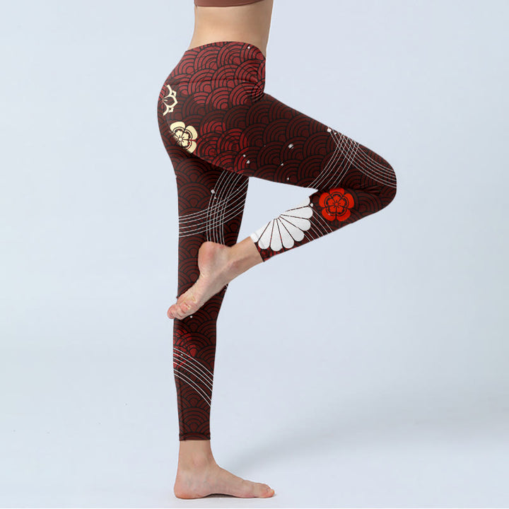 Leggings de yoga para mujer con estampado floral en abanico y ondas de Buddha Stones en marrón rojizo - image 3