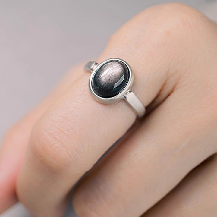 Anillo de protección ajustable con obsidiana y brillo de plata de ley 925 natural de Buddha Stones