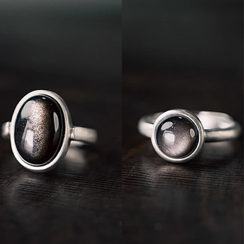 Anillo de protección ajustable con obsidiana y brillo de plata de ley 925 natural de Buddha Stones
