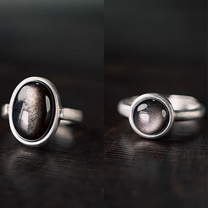 Anillo de protección ajustable con obsidiana y brillo de plata de ley 925 natural de Buddha Stones