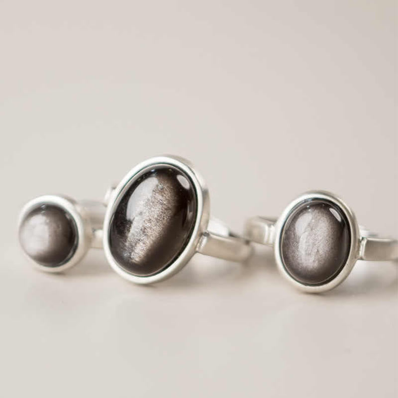 Anillo de protección ajustable con obsidiana y brillo de plata de ley 925 natural de Buddha Stones