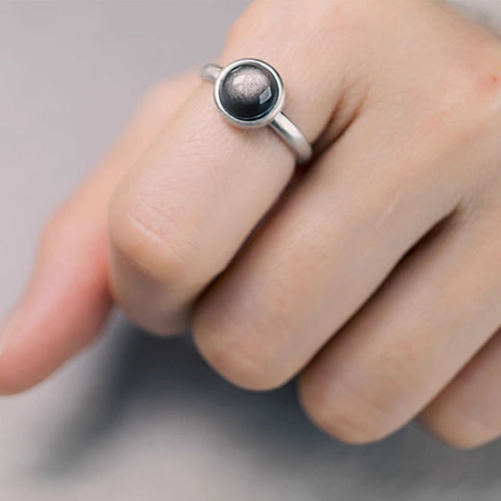 Anillo de protección ajustable con obsidiana y brillo de plata de ley 925 natural de Buddha Stones