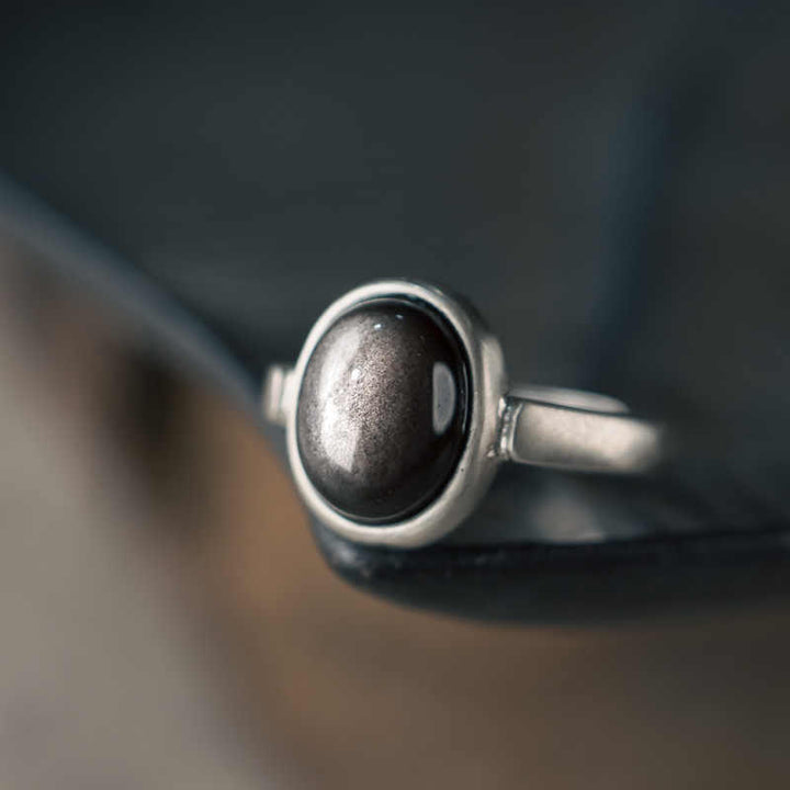 Anillo de protección ajustable con obsidiana y brillo de plata de ley 925 natural de Buddha Stones