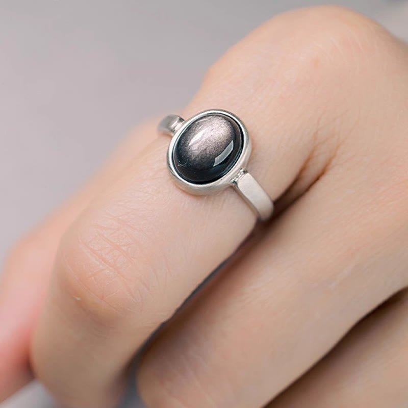 Anillo de protección ajustable con obsidiana y brillo de plata de ley 925 natural de Buddha Stones - image 1