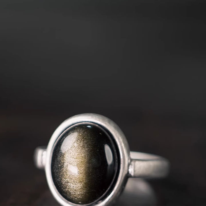 Anillo de riqueza ajustable de obsidiana con brillo dorado y plata de ley 925 natural de Buddha Stones