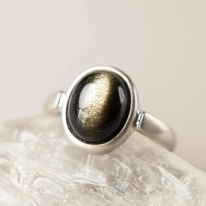 Anillo de riqueza ajustable de obsidiana con brillo dorado y plata de ley 925 natural de Buddha Stones