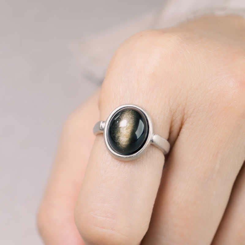 Anillo de riqueza ajustable de obsidiana con brillo dorado y plata de ley 925 natural de Buddha Stones