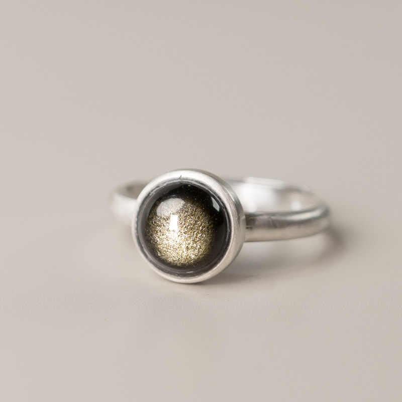 Anillo de riqueza ajustable de obsidiana con brillo dorado y plata de ley 925 natural de Buddha Stones