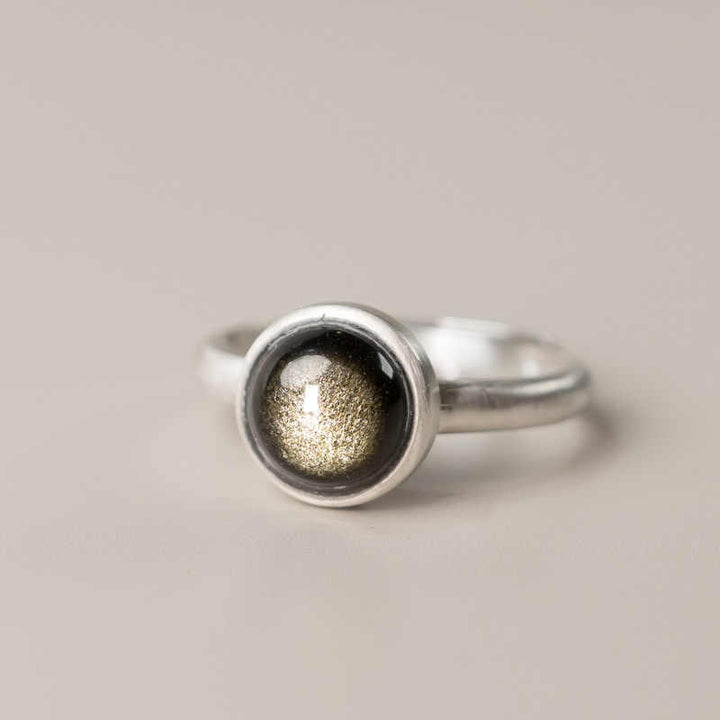Anillo de riqueza ajustable de obsidiana con brillo dorado y plata de ley 925 natural de Buddha Stones