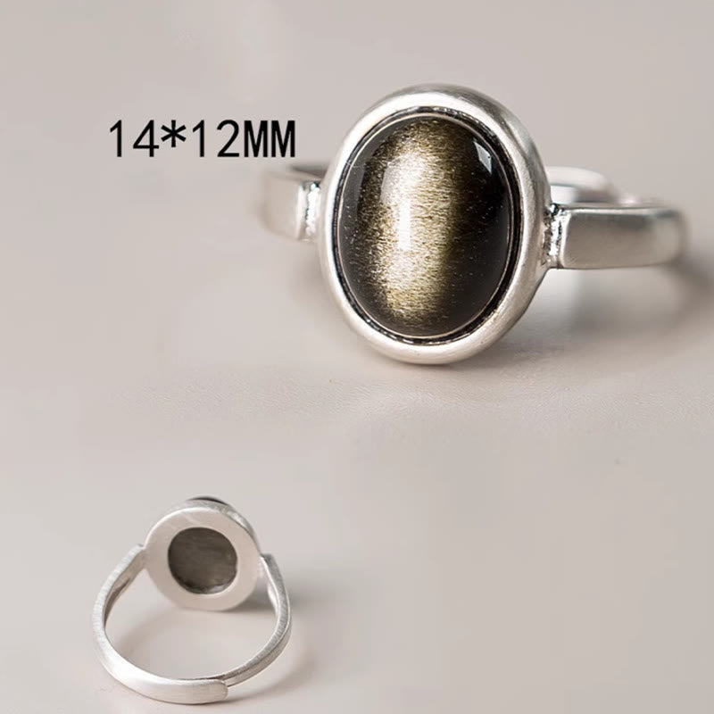 Anillo de riqueza ajustable de obsidiana con brillo dorado y plata de ley 925 natural de Buddha Stones