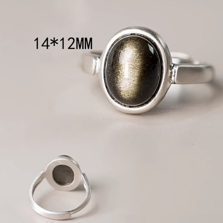 Anillo de riqueza ajustable de obsidiana con brillo dorado y plata de ley 925 natural de Buddha Stones