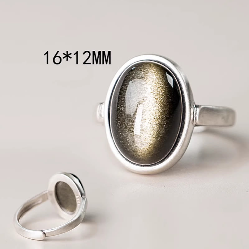 Anillo de riqueza ajustable de obsidiana con brillo dorado y plata de ley 925 natural de Buddha Stones