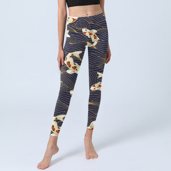 Leggings de yoga para mujer con estampado de olas del océano, peces koi blancos y rojos y Buddha Stones - image 1