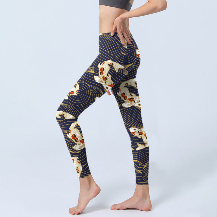 Leggings de yoga para mujer con estampado de olas del océano, peces koi blancos y rojos y Buddha Stones - image 2