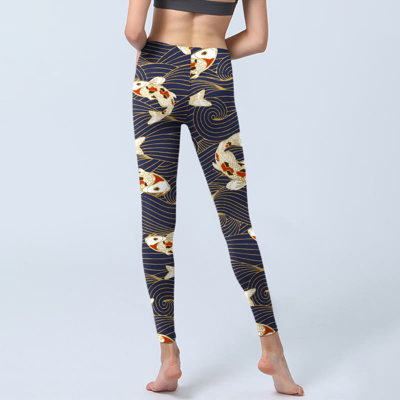 Leggings de yoga para mujer con estampado de olas del océano, peces koi blancos y rojos y Buddha Stones - image 5