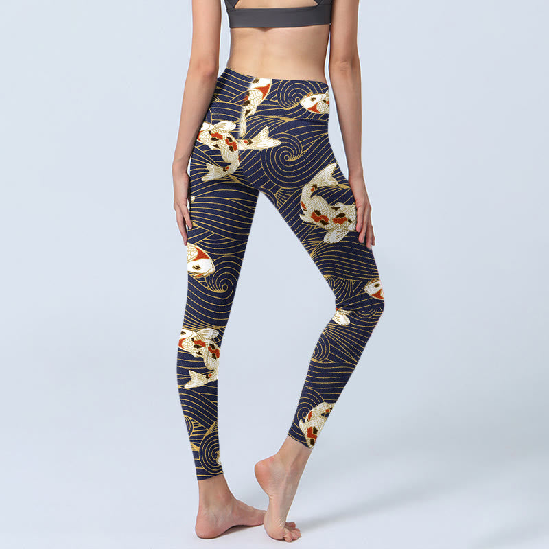 Leggings de yoga para mujer con estampado de olas del océano, peces koi blancos y rojos y Buddha Stones - image 3