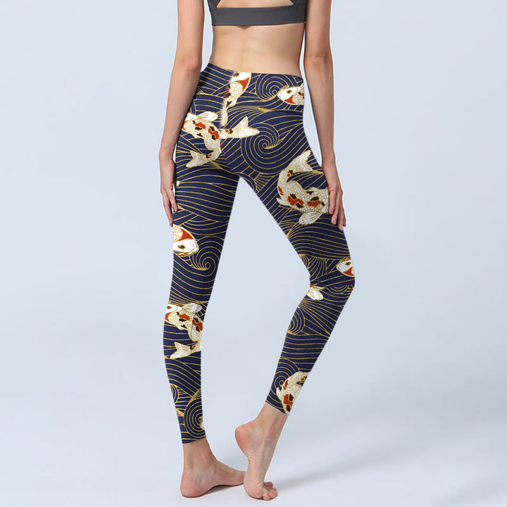 Leggings de yoga para mujer con estampado de olas del océano, peces koi blancos y rojos y Buddha Stones - image 3
