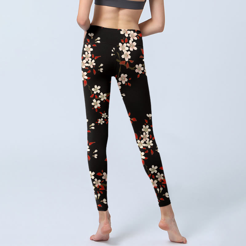 Leggings de yoga para mujer con estampado de hojas rojas y flores de cerezo blancas y piedras de Buddha Stones - image 6